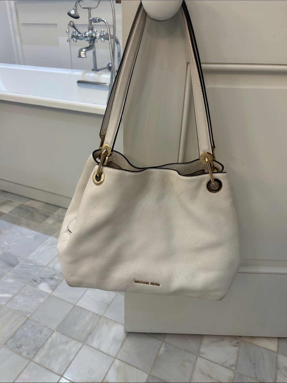Michael Kors White Pebbled Leather Shoulder Bag with Gold Hardware